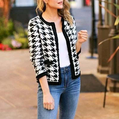 Chaqueta de punto halógena para mujer Marl pata de gallo grande marfil/negro - nueva con etiquetas $149 Foto 1 de 4