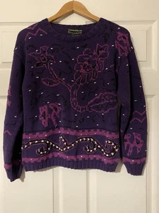 VTG Carole Little for Saint-Tropez West purple floral hand knit sweater size M - Picture 1 of 10