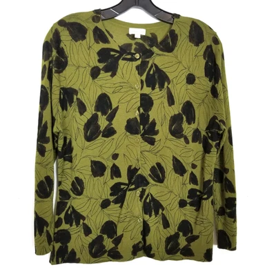 Garnet Hill Signature Eco Merino Cardigan Sweater Sz M Green Floral Button Up - Image 1 of 4