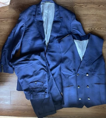 Sergio Valentino Firenze Para Hombres Azul Marino Lana a Cuadros 3 Piezas Traje Chaleco Pantalones Conjunto 42 Foto 1 de 4