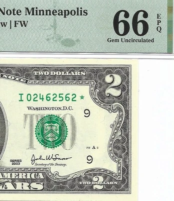 2003 $2 MINNEAPOLIS * STAR * ⭐️ FRN. PMG Gem Uncirculated 66 EPQ Banknote. - Image 1 of 3