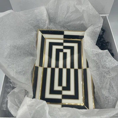 Jonathan Adler Op Art Rectangle Tray Trinket Dish Ceramic Black White Gold 7 X 4 — 第 1/4 张图片