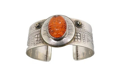 Tribal Cuff Bracelet Amber Scarab Sterling Silver 50g Geometric Designs 1" Wide - Image 1 of 4
