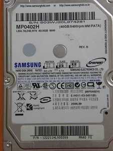 40 GB Samsung MP0402H / P/N: 122211HL900269 MN40 FS / 2006.09 / M40/MN40 REV.01 - Imagen 1 de 1
