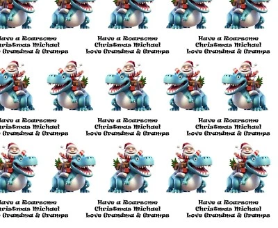Blue Dino Dinosaur T-rex christmas personalised Christmas gift wrapping paper - Image 1 of 2