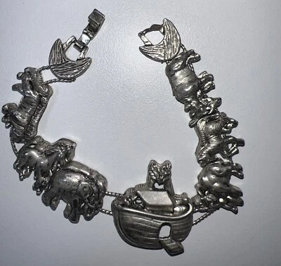 Vintage Noahs Ark Slider Charm Bracelet Silver Tone Fashion Jewelry Boat Animals - Image 1 of 4