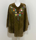 Vintage Sears Roebuck Embroidered Green Suede Poncho Cape Women's One Size
