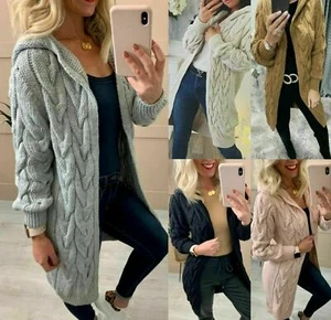 Women Ladies Chunky Cable Knitted Oversized Long Hooded Cardigan Jumper Cape Top - Picture 1 of 13