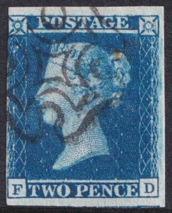 Großbritannien QV 1841 2d Blue Imperf schwarzes Malteserkreuz FD Platte 3 SG14e gebraucht - Bild 1 von 2