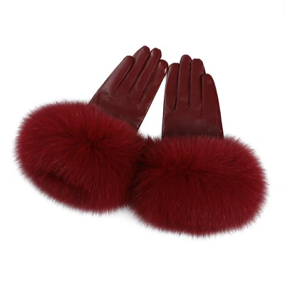 Women Genuine Lambskin Leather Gloves With Real Fox Fur Trim Cuff Winter Warm - Image 1 of 4