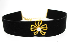 Van Dell Necklace Black Velvet Choker 12K Gold Filled Bow w Cultured Pearl 5 mm - Picture 1 of 5