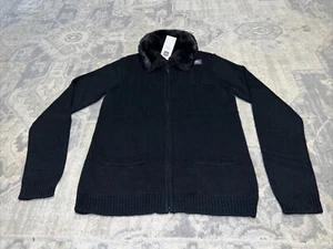 New Gap Kids Girls Sz XXL 14-16 Sweater Wool Blend Black Zip Faux Fur Collar - Picture 1 of 4