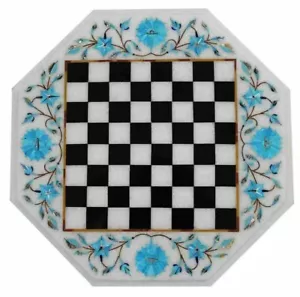 White Marble Chess Side Coffee Table Top Inlay Marquetry Stone Chess Lover Gifts - Picture 1 of 3