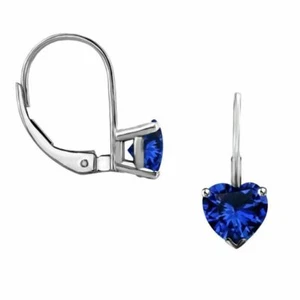2CT Simulated Sapphire Heart Leverback Drop Dangle Earrings White Gold Plated - Picture 1 of 10