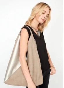Stella & Dot Metallic Vegan Leather Boho Inspired Shoulder Bag Two Tone Zippers - Picture 1 of 11