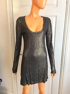 French Connection Black Gold Long Sleeves Stretchy Long Top Short Dress UK10 - Picture 1 of 9