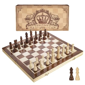 AMEROUS 15 Inches Magnetic Wooden Chess Set - 2 Extra Queens - Folding Board ... - Picture 1 of 7