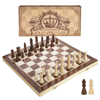 AMEROUS 15 Inches Magnetic Wooden Chess Set - 2 Extra Queens - Folding Board ... - Image 1 of 4