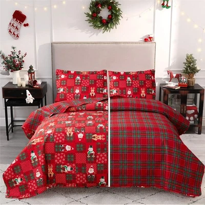 Red Green Plaid Pattern Merry Christmas Quilt Set King Size Snowmen Santa Cla... - Image 1 of 4