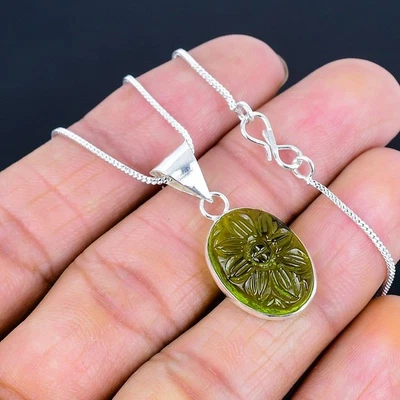 Peridot Carving 925 Silver Plated Handmade Necklace of 17"-18"Green - Image 1 of 3