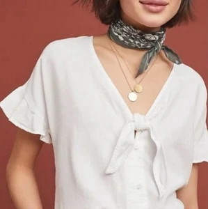 Cloth & Stone Shirt Anthropologie Womens S White V Neck Tie Ruffle Sleeve - Picture 1 of 6