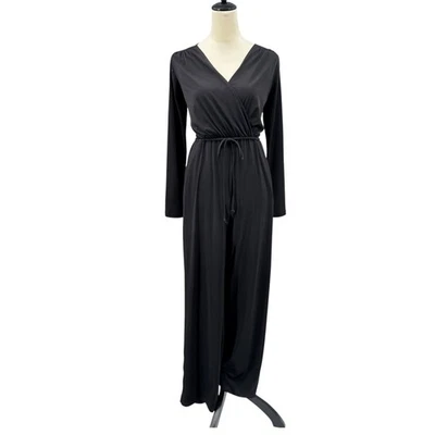 BCBGeneration XS Black Stretch Surplice V-neck Long Sleeve Cut Out Back Jumpsuit - Image 1 of 4