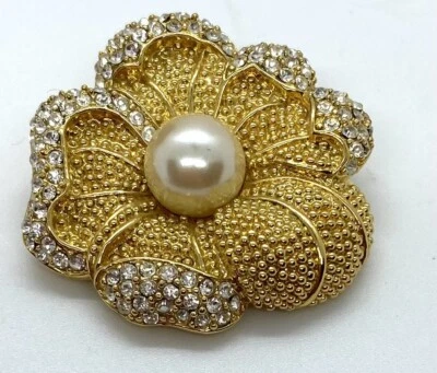 Vintage Monet Gold Tone Flower Brooch Pin w/ Faux Pearl & Crystals - Image 1 of 4