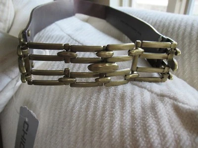 NWT Chico's Pretty Brown Leather Belt/ Elastic Back/ Brass Hook In Buckle- Large - Image 1 of 4