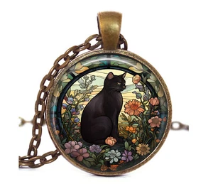 Schwarze Katze Boho Blume Garten Glas Top Anhänger Halskette 24" Katzenliebhaber Geschenk - Bild 1 von 4