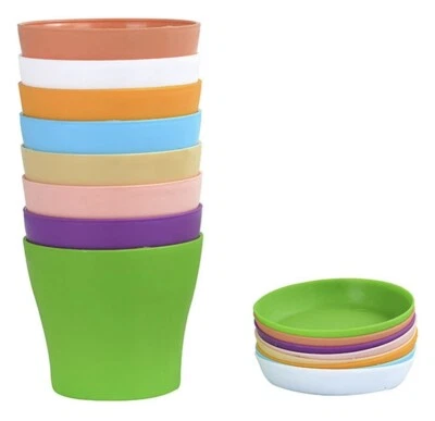 Juego de 8 jardineras de plástico para interiores multicolores de 4,7" drenaje y platillo plántulas Foto 1 de 4