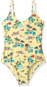 $105 Hobie Swimwear Girls Yellow Tropical Floral-Print On-Piece Swimsuit Size 14 - Picture 1 of 1