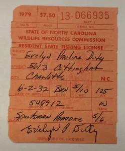 Vintage 1979 Charlotte North Carolina Fishing License  #R217 - Picture 1 of 2