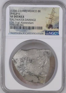 (1706-23) MO J MEXICO 8 REALES PHILIP V NGC VF DETAILS AKERENDAM SHIPWRECK - Picture 1 of 2