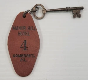 *B43) Manor Hill Hotel Somerset Pennsylvania Skeleton Room Key Leather Fob #4 - Picture 1 of 11