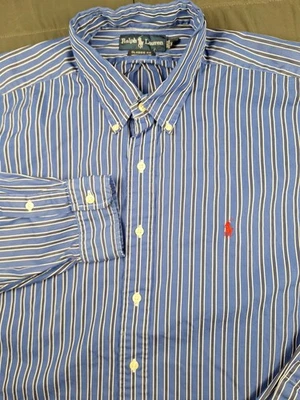 Camisa polo masculina Oxford Ralph Lauren com botões 2XL ajuste clássico listrada azul branca - Imagem 1 de 4