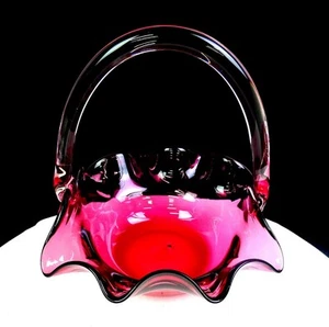 Pilgrim Glass Ruffled Cranberry With Clear Applied Handle 9 1/8" Basket 1940-70 - Picture 1 of 10