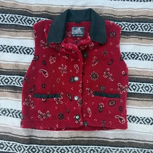 Women's Vintage Tsunami Red Black Paisley Fleece Button Up Vest Jacket Sz Medium - Picture 1 of 5