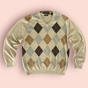 Northern Isles Sweater Mens Medium Argyle 2 Ply 100% Cashmere Long Sleeve Cream - Picture 1 of 3