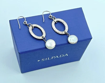 Vintage Silpada .925 Sterling Hammered Oval Dangling Coin Pearl Earrings, W1253 - Image 1 of 4