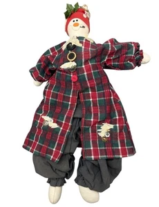 Vintage Schneemann Puppe kariert Mantel & graue Hose Handarbeit 16 cm Weihnachten LESEN - Bild 1 von 8