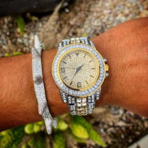 40MM 5AAA+ CZ Ice Out Hop Hip Bling Baguette Quartz Stainless Steel Watch - Picture 1 of 13