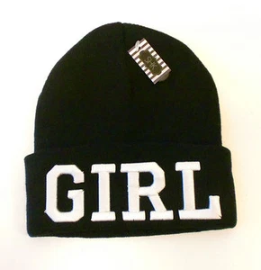 GIRL BEANIE HAT (BLACK WITH WHITE EMBROIDERY) Free Shipping - Picture 1 of 1