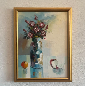 Vintage Blumengemälde Goldrahmen Blumen & Obst gerahmt 17,5" x 13,75" Landhaus - Bild 1 von 7