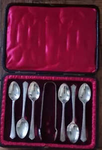 Antiguo juego de 6 cucharaditas y pinzas de azúcar de plata maciza cucharas de café 118 g 1896 - Imagen 1 de 2