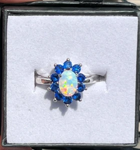 Simulated Opal & Sapphire Halo Mount Ring Size 5.5 Platinum Bonded Brass - Picture 1 of 10
