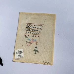 Medias de lona pintadas a mano vintage con patrón de punta de aguja sampler árbol de ángel - Imagen 1 de 8