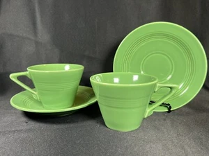 Vintage Set Of 2 Green Homer Laughlin Harlequin Cups And Saucers - Picture 1 of 22