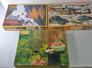 Puzzle HomeTown Folk Art Maple Sugaring Golden Apple Coring Hot Air Balloons lot - Picture 1 of 13