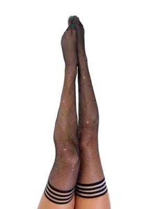 Kixies Black Rhinestone Mardi Gras Thigh High Stockings No Slip Grips Size B NEW - Picture 1 of 5