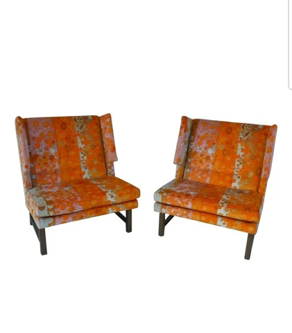 PAIR 60'S DUNBAR  EDWARD WORMLEY WINGED CLUB CHAIRS W JACK LENOR LARSEN FABRIC Cover